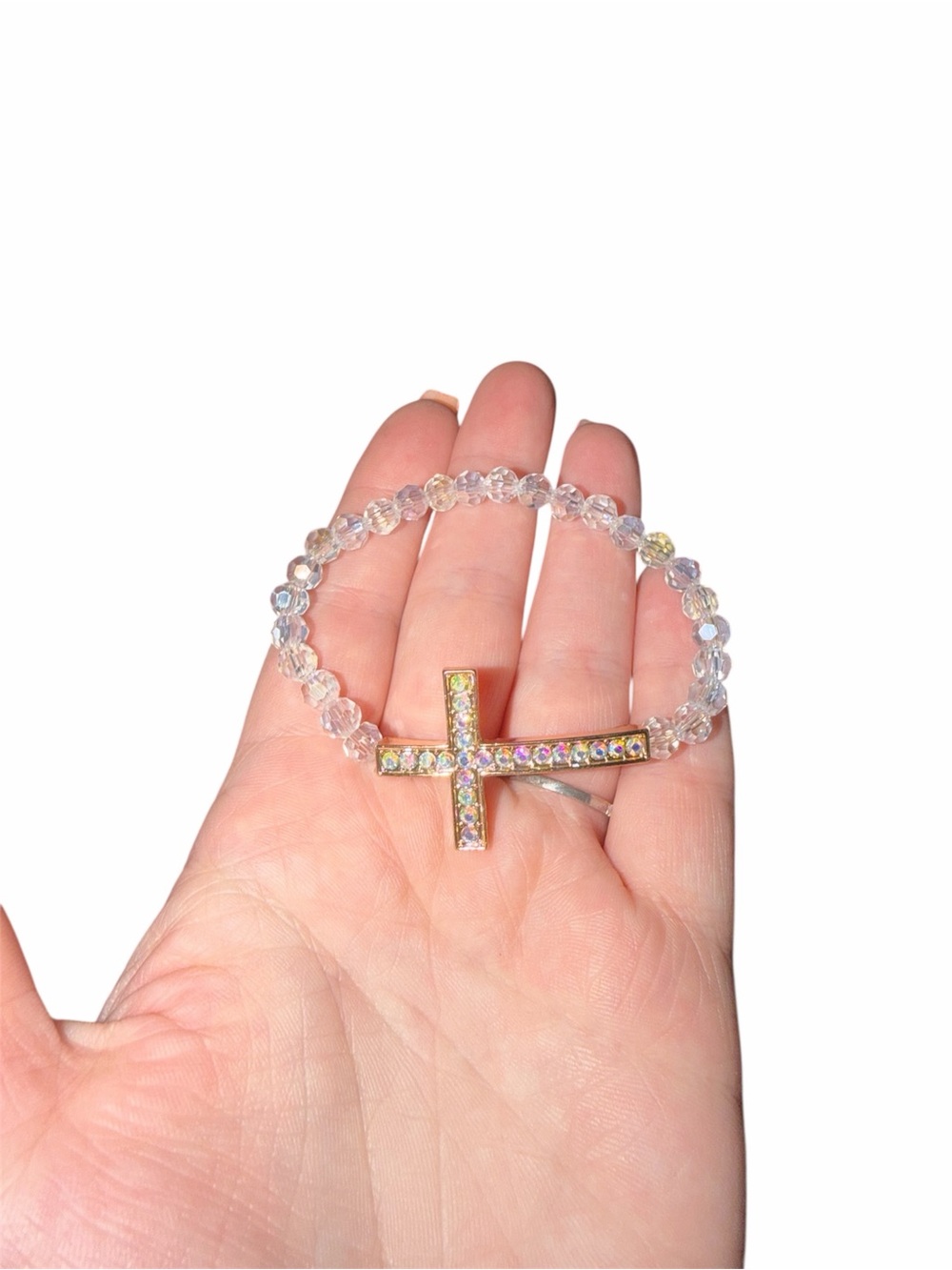 Crystal Beaded Cross Stretch Bracelet - Gold Accent